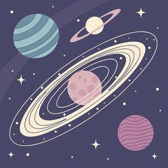 Fototapeta premium Vector art of colorful cosmic scene with planets, rings, and stars in a vast universe