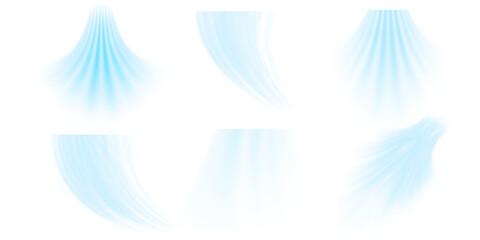 Air flow set of vector elements on a white background. Abstract light effect blowing from an air conditioner, purifier or humidifier. Dynamic blurred flow motion	