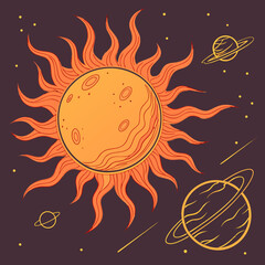 Vector art of cosmic scene with sun, planets, stars, comets on dark purple background