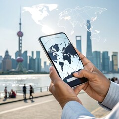 A person uses a smartphone while traveling or exploring a major city or landmark, representing global connection and the role of mobile technology in travel and navigation.