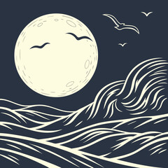 Vector art of full moon over ocean waves with birds flying in the night sky