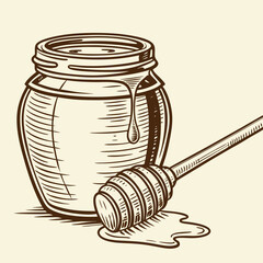 Vector art of honey jar with dipper, vintage style illustration