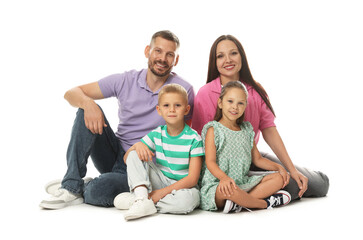 Lovely family posing together on white background