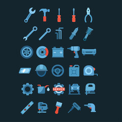Set of vector illustration icons, car service workshop, tools