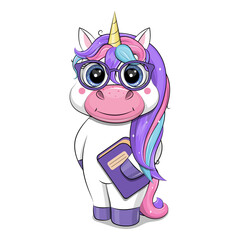 Cute Cartoon Unicorn with Glasses and Book. Back to School Vector Illustration with animal on a white background.