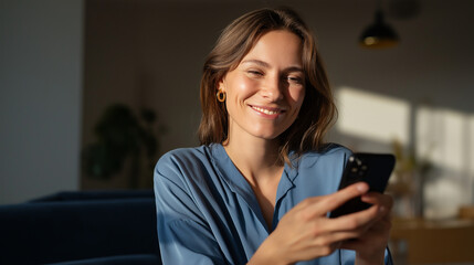 A woman seated comfortably holding her smartphone with a delighted smile screen glowing with a positive credit score report natural daylight highlighting her expression of
