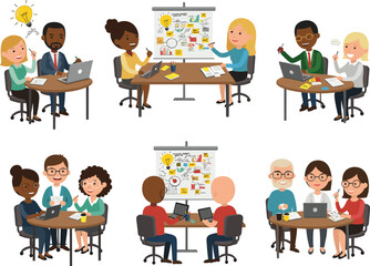 Diverse teams collaborating cartoon set, business meeting, teamwork, brainstorming, discussion, laptop, presentation board, idea sharing, workplace, productivity, communication