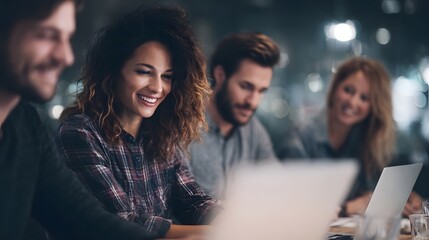 Diverse team members collaborating and smiling while using laptops in an office