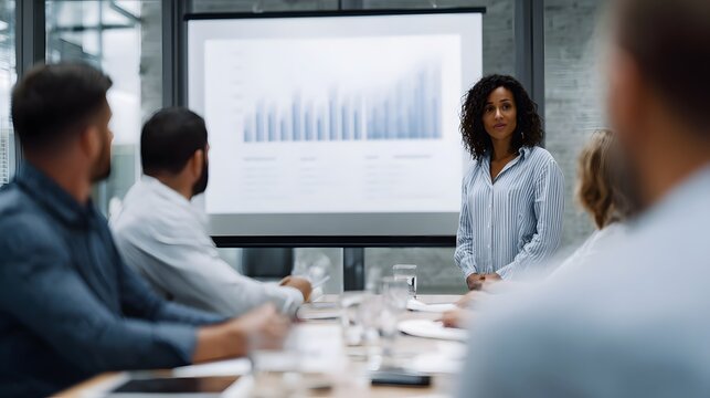 A woman presents a financial report on a projector screen to a team in a modern boardroom
