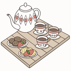 Vector art of tea time with cookies and strawberries on table, vector illustration