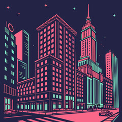 Vector art of vaporwave cityscape illustration of warsaw with palace of culture and science