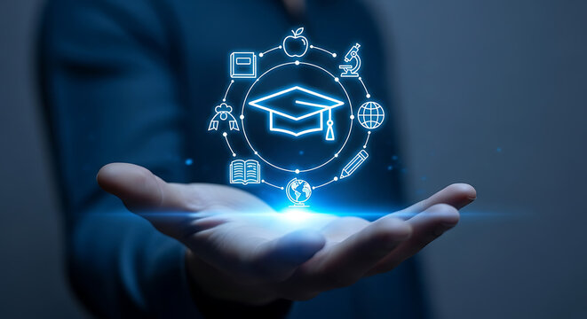 Empower your future with knowledge icons glowing above an open hand