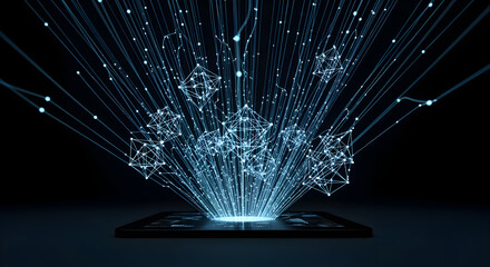 Futuristic Digital Data Flow: Abstract Network Connections and Information Stream Emanating from a Glowing Tablet-like Device, Illustrating Big Dat...