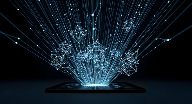 Futuristic Digital Data Flow: Abstract Network Connections and Information Stream Emanating from a Glowing Tablet-like Device, Illustrating Big Dat...