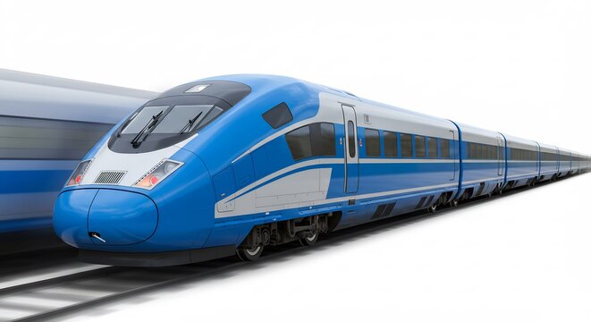 Train bleu rapide fond blanc vitesse incroyable voyage moderne. AI Generated