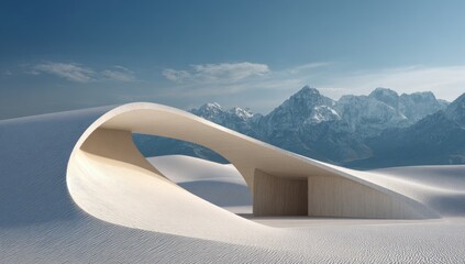 Futuristic minimalist architectural structure in a snowy mountain landscape.