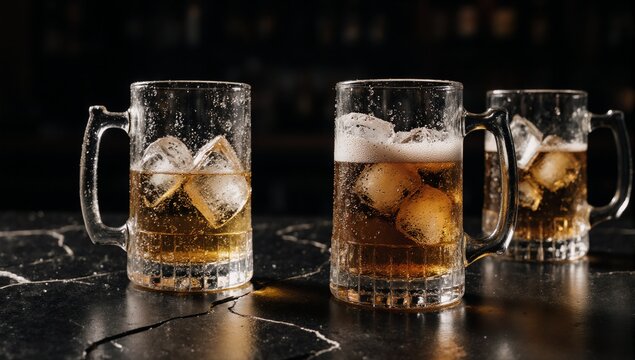 Two empty beer mugs on a black table at the bar close-up view of two drunken glasses