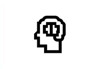 Pixelated head graphic with a thought bubble.