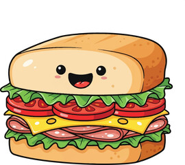 Cute Cartoon Sandwich with Smiling Face Vector Illustration