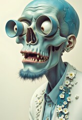 Naklejka premium A whimsical and eerie collection of surreal blue-skinned characters, blending human and fantasy features with exaggerated details, expressive eyes, and dreamlike accessories.