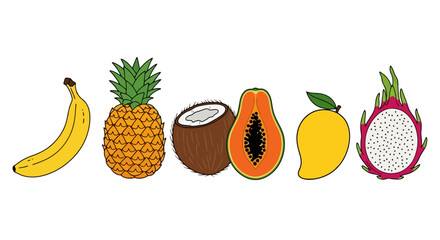 Vibrant assortment of tropical fruits illustration showcasing banana, pineapple, coconut, papaya, mango and dragon fruit. Ideal for advertising healthy eating, exotic travel, or food-related designs.