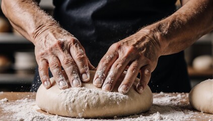 A middle-aged baker creates dough for making croissants and buns in a bakery