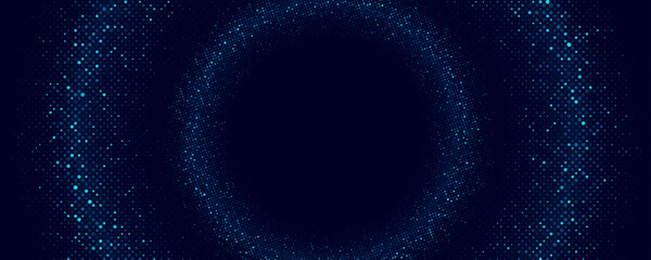 Abstract halftone background with glowing blue dots in circular pattern for Technology or FinTech background. Futuristic digital banner design with dotted gradient effect. Vector illustration. © sersupervector