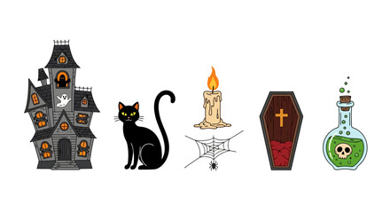 Spooky Halloween icons featuring a haunted house, black cat, candle, coffin, and potion. Ideal for creating festive decorations, invitations, or social media graphics.