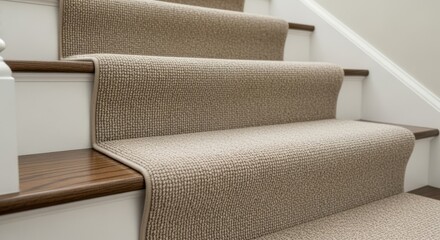 Side perspective of a freshly installed neutraltoned carpet stair runner cascading smoothly in waterfall style on a residential stairway.