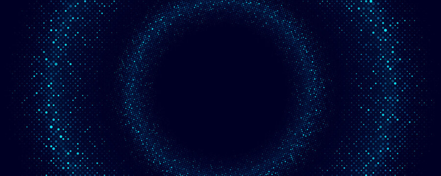 Abstract halftone background with glowing blue dots in circular pattern for Technology or FinTech background. Futuristic digital banner design with dotted gradient effect. Vector illustration.
