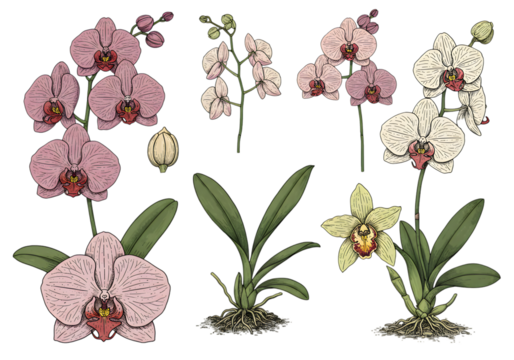 Orchid Illustration With Pink Flowers And Green Leaves Isolated Background