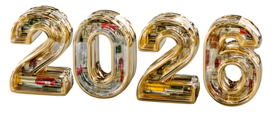 Amber Yellow Gold Golden Gradient Embossed Depth Glossy Reflections Looks Like Typography Digits 2026 Bold Serif Font Banner Marketing Ecommerce Web Print Copy Space Template Branding So SEO Optimized