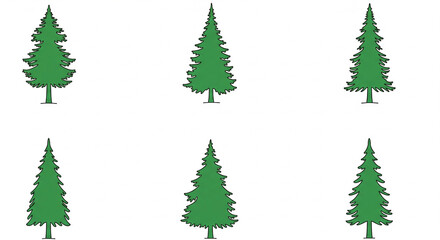 Obraz premium Set of simple green cartoon pine trees, perfect for nature or Christmas designs, isolated transparent background.