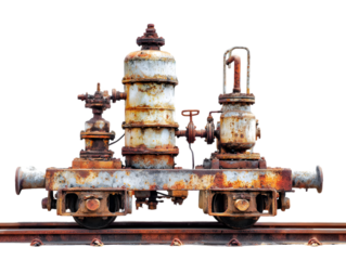 Rusty industrial equipment isolated on transparent background, showing signs of age