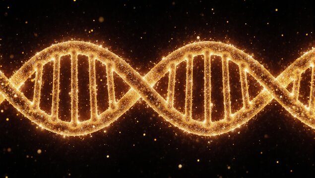 Image of a glowing DNA molecule with orange and yellow particles