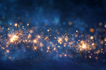 Sparkling firework display on a dark blue background with bokeh lights