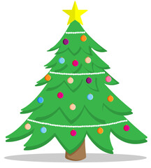 Cartoon green pine Christmas tree with baubles and decorations on,  Festive graphic Winter element