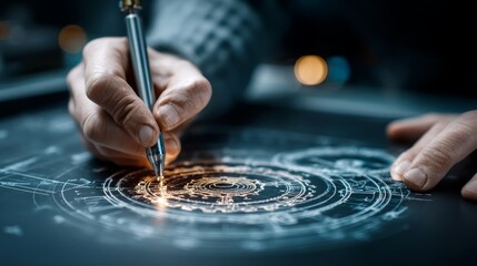 Obraz premium Engineer drafting futuristic blueprint with glowing tool on high-tech digital surface