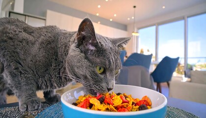 Gray cat eating colorful cereal from bowl in modern home