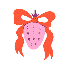 Strawberry with Red Bow Clipart. Playful Fresh Berry tied with bold red ribbon, sweet vintage flat vector fruit illustration for decorative coquette design.