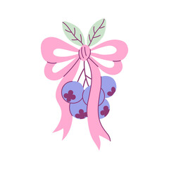 Blueberry with Pink Ribbon. Playful berry cluster tied with curly retro bow, hand drawn vector fruit illustration in flat vintage aesthetic.
