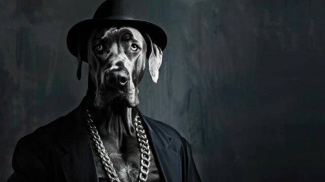 A dog dressed up in clothing, including a fedora hat and chains.