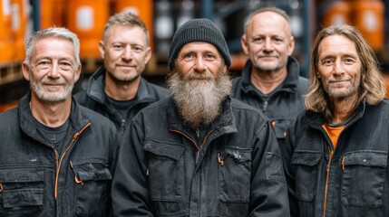Team of skilled workers posing in industrial warehouse wearing black uniforms