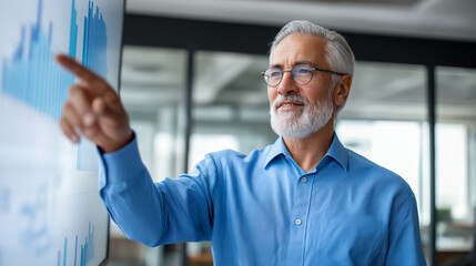 A senior analyst predicting market trends using financial data pointing at graphs displayed on a large wall screen posture confident and authoritative modern office interior