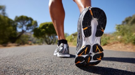 A close-up of athletic footwear hitting the pavement, depicting the determination of a runner