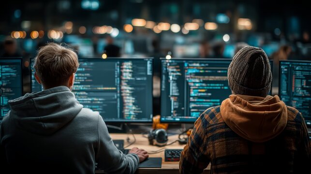 Two software developers working on computer screens in a modern office environment - Powered by Adobe
