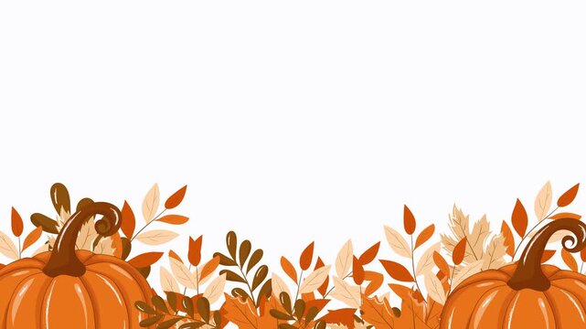 2D animation with autumn leaves and orange pumpkins in warm orange and brown tones on a white background. Space for text. High-quality 4K video