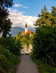 Picturesque church on an island, serene lake scene