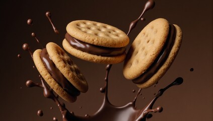 Mid-air chocolate cookies with dynamic splashing sauce against a brown background
