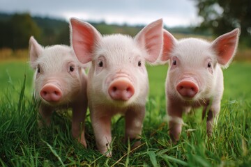 Three adorable piglets in farm field under blue sky and green grass, conveying warmth and joy in natural setting